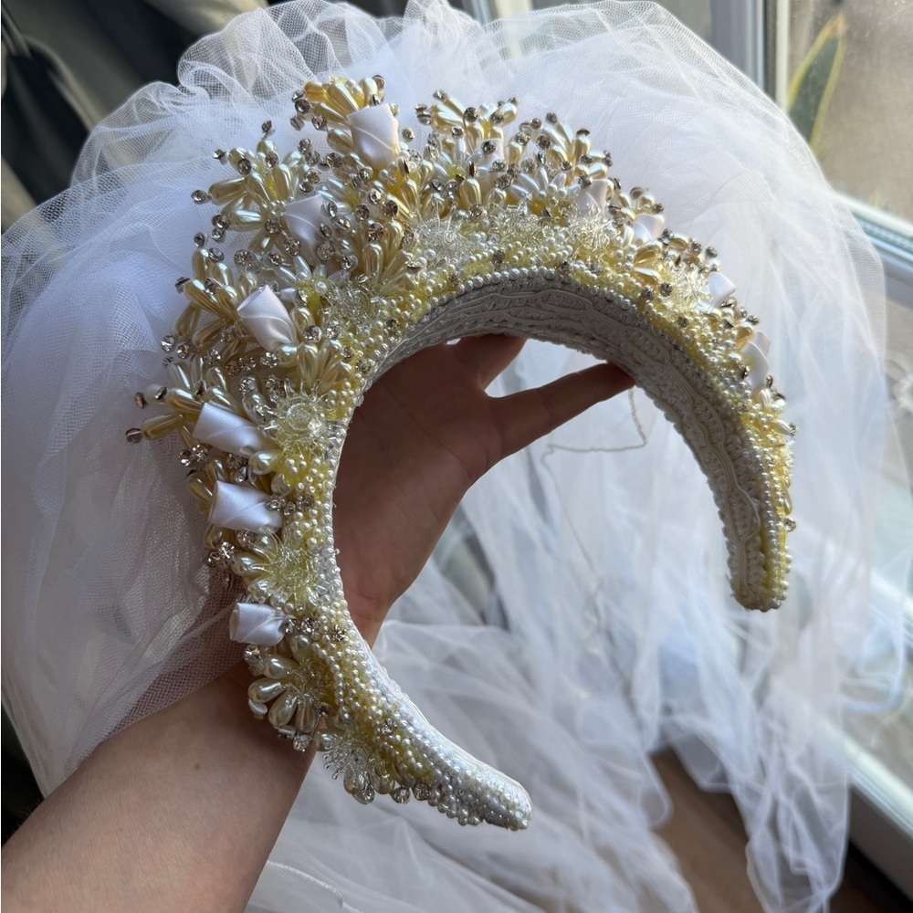 Vintage White and Gold Beaded Bridal Headband